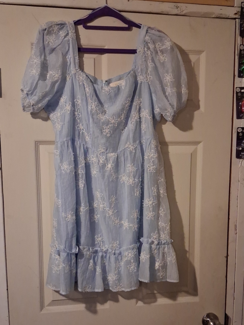 Versona Light Blue Embroidered Puff-Sleeve Kids Dress
